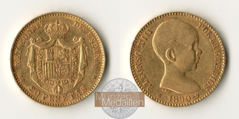  Spanien 20 Pesetas Alfonso XIII 1890 (1887-1890) MM-Frankfurt KM#693 Feingold: 5,805g   