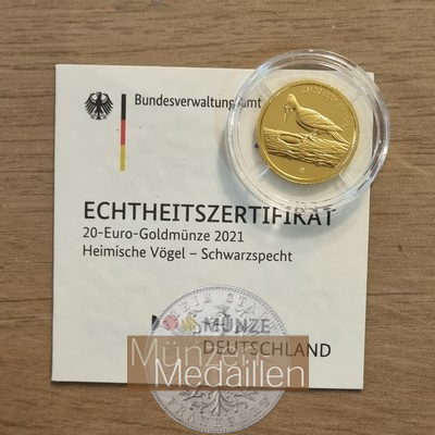 Deutschland MM-Frankfurt Feingold: 3,87g 20 Euro Schwarzspecht 2021 J 
