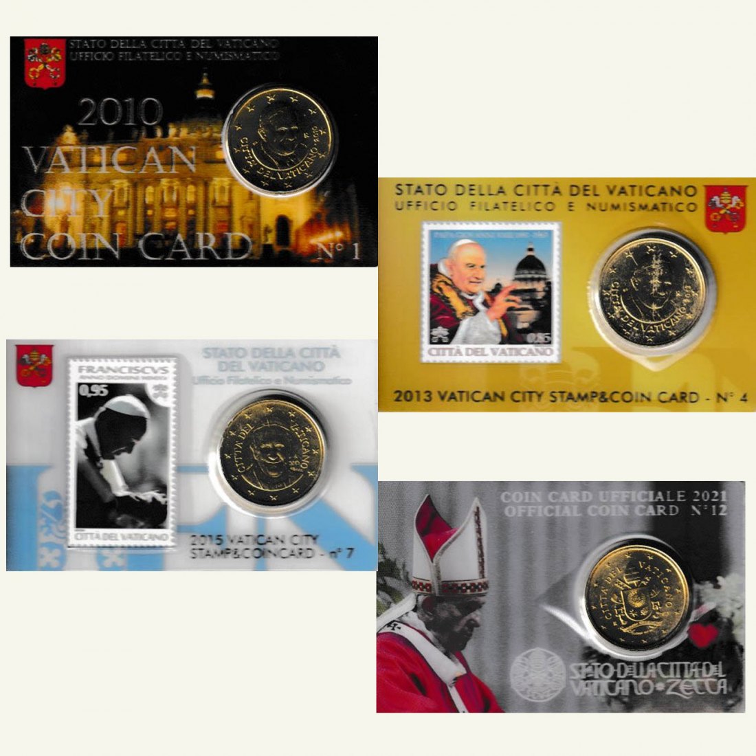  Offiz. 4x 50-Cent in Coincard und Briefmarken 2010, 2013, 2015, 2021   