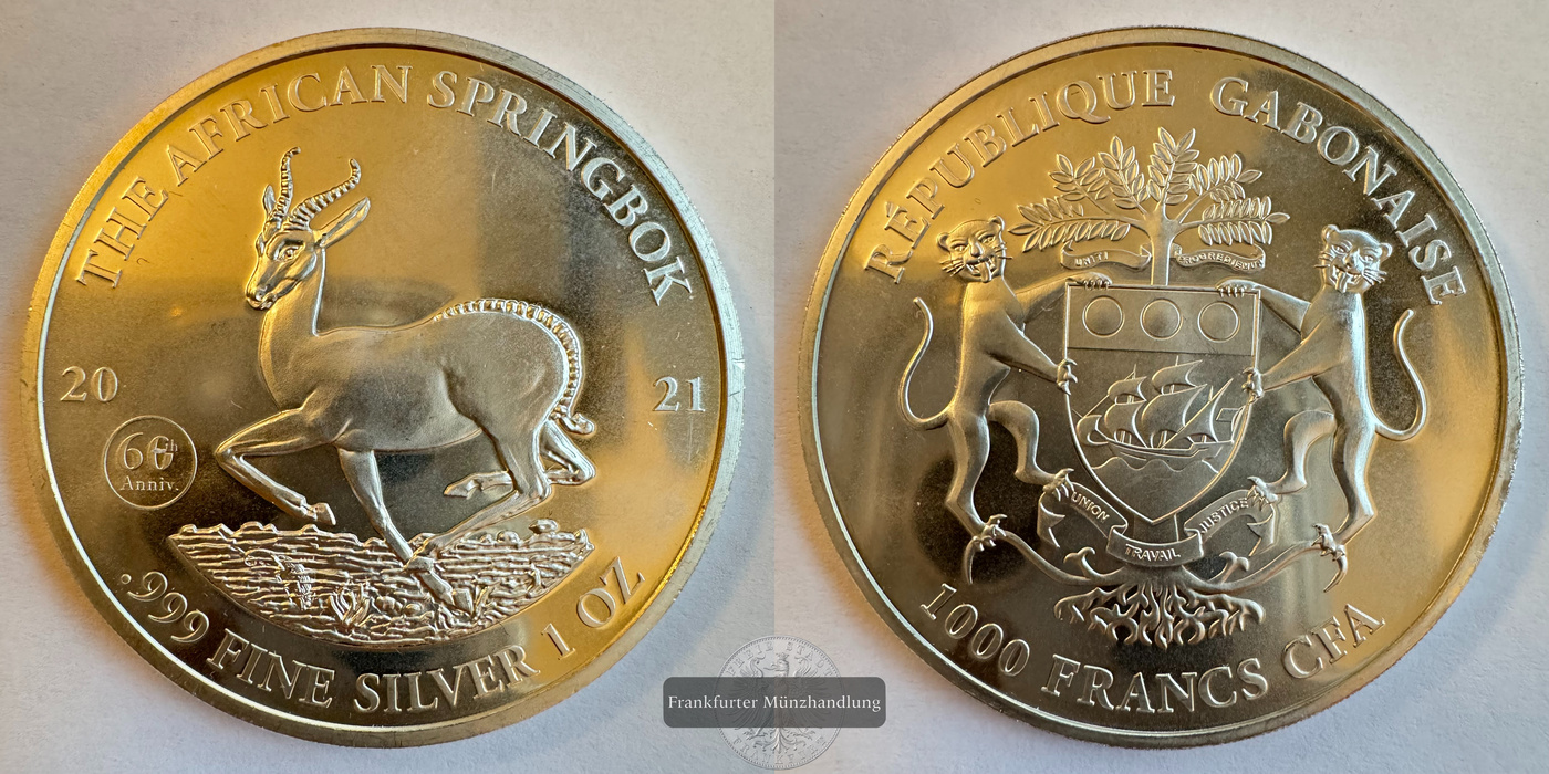  Gabun 1000 Francs CFA (African Springbok) 2021 (2014-21) Privy FM-Frankfurt KM#55 Feinsilber: 31,1g   