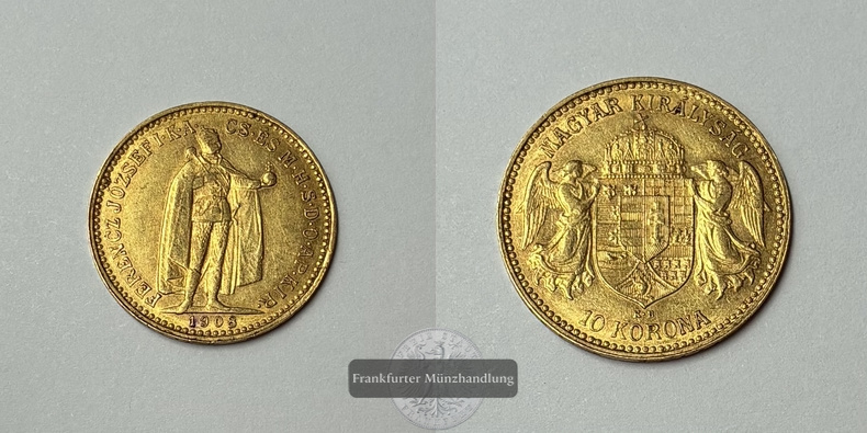 Ungarn MM-Frankfurt Feingold: 3,05g 10 Kronen 1908 