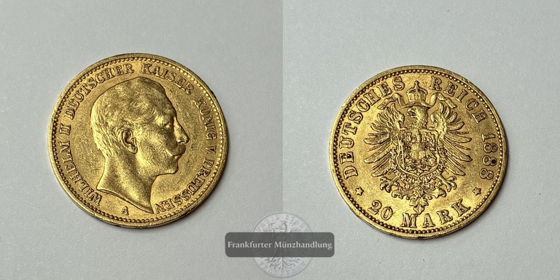 Dt. Kaiserreich Preussen, Wilhelm II. MM-Frankfurt KM#515 Feingold: 7,17g 20 Mark 1888 A 