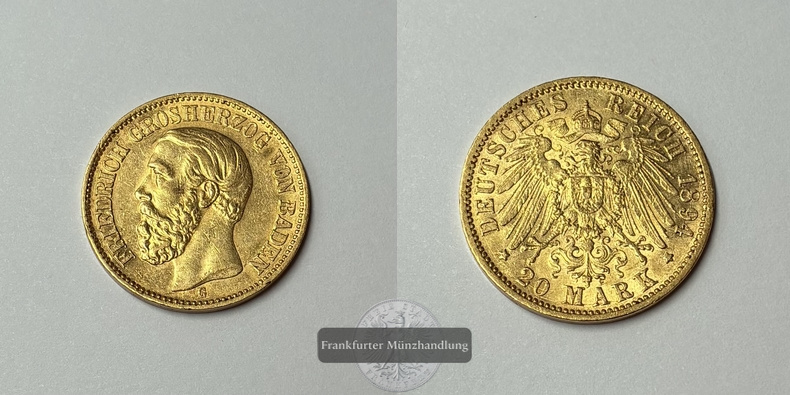 Dt. Kaiserreich Baden, Friedrich I MM-Frankfurt KM#270 Feingold: 7,17g 20 Mark (1894-1895) 1894 G 