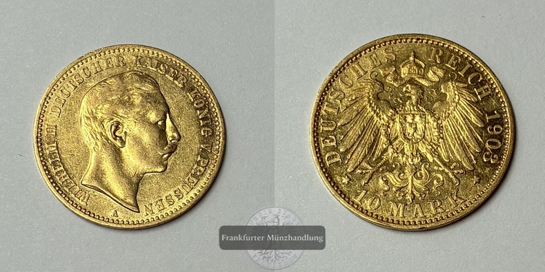 Dt. Kaiserreich Preussen, Wilhelm II MM-Frankfurt KM#520 Feingold: 3,58g 10 Mark (1890-1912) 1903 A 