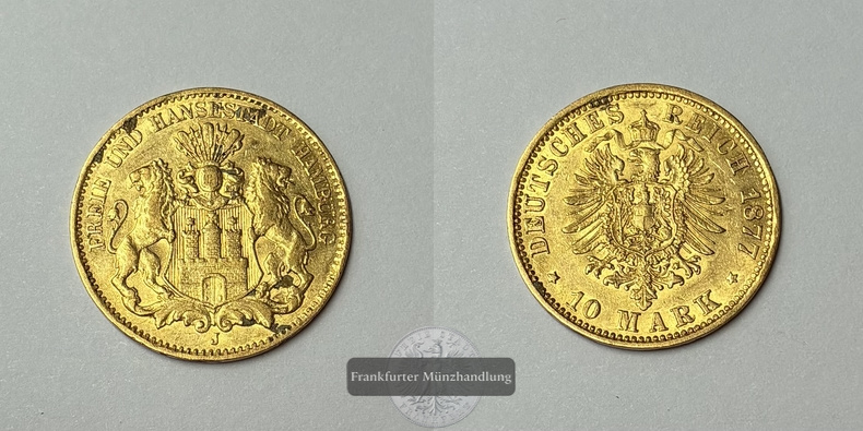 Hamburg, Kaiserreich 10 Mark 1877 J MM-Frankfurt Feingold: 3,58g Freie und Hansestadt Hamburg  