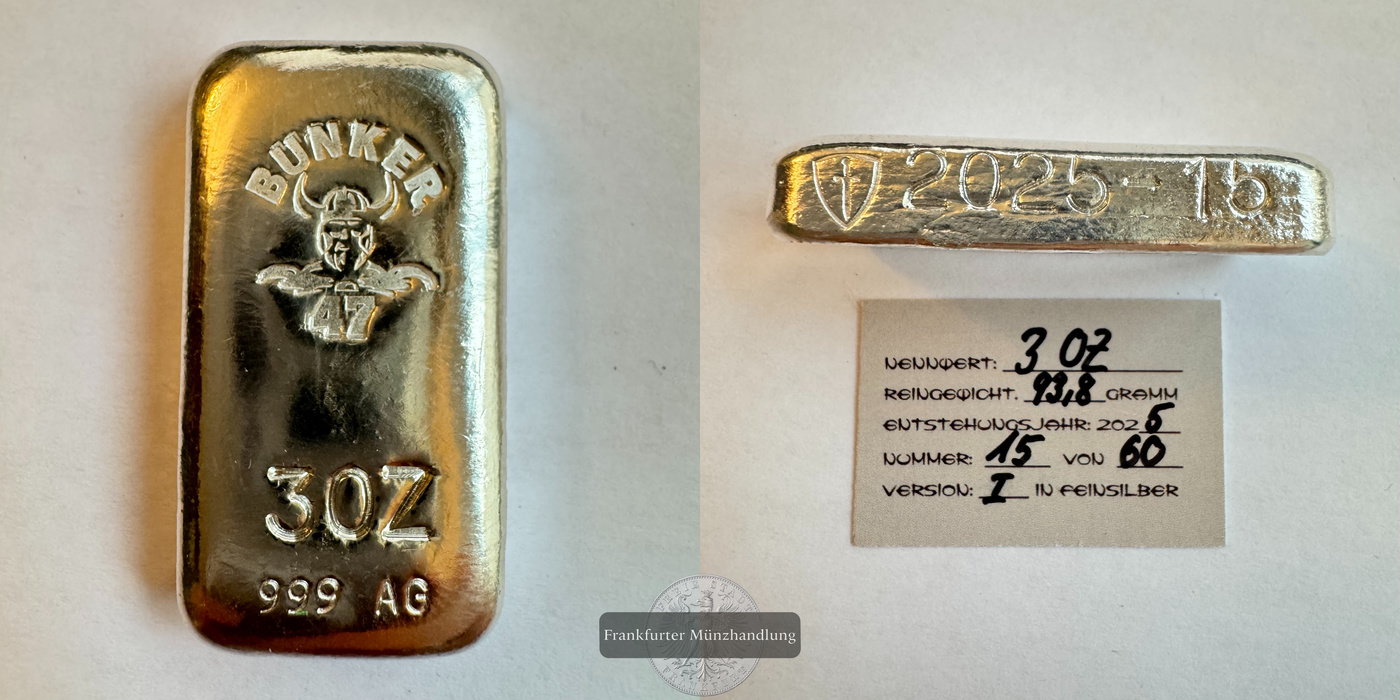  Deutschland / Bunker 47 3oz Silberbarren 2025 FM-Frankfurt Feinsilber: 93,8g   