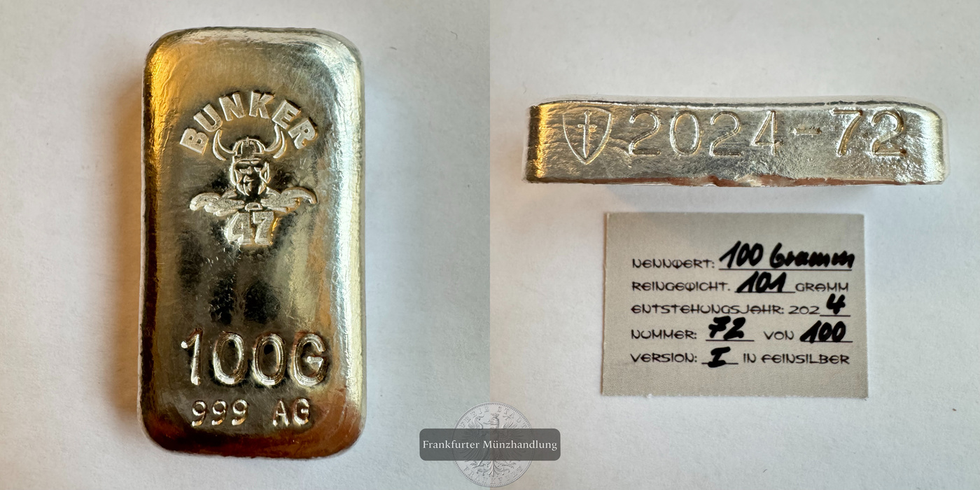  Deutschland / Bunker 47 100g Silberbarren 2024 FM-Frankfurt Feinsilber: 101g   