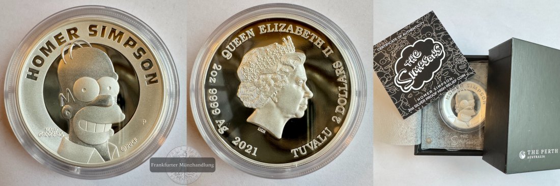  Tuvalu / 2 Dollars Elizabeth II (Homer Simpson) 2021 FM-Frankfurt Feinsilber: 62,2g   