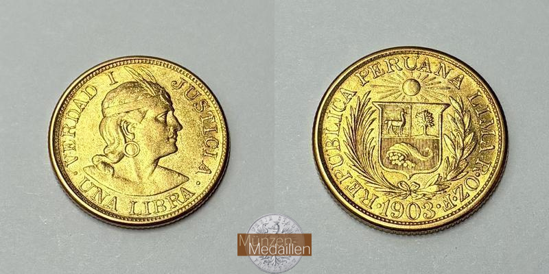  Peru 1 Libra 1903 (1898-1969) MM-Frankfurt KM#207 Feingold: 7,323g   