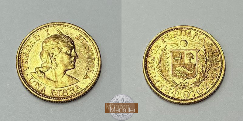  Peru 1 Libra 1907 (1898-1969) MM-Frankfurt KM#207 Feingold: 7,323g   