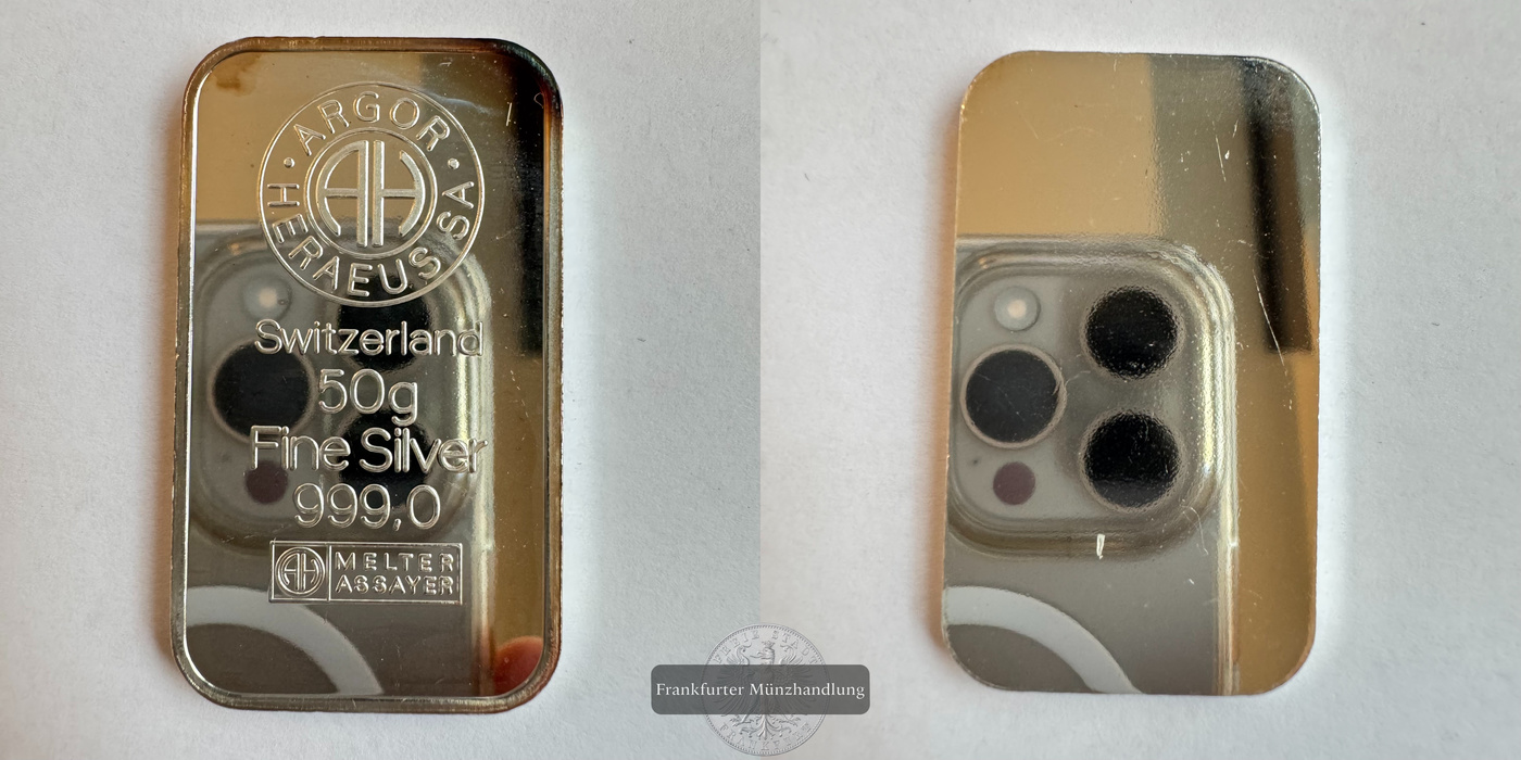  Schweiz / Argor Heraeus 50g Silberbarren FM-Frankfurt Feinsilber: 50g   