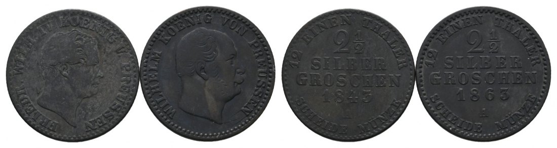  Altdeutschland; 2 Kleinmünzen (2 1/2 Silbergroschen 1843/1863)   