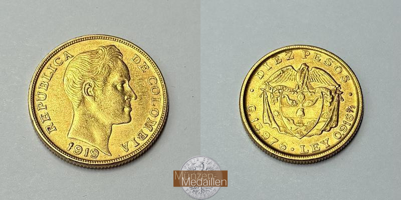 Kolumbien Feingold: 14,65g 10 Pesos 1919 