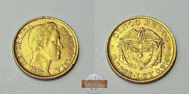 Kolumbien Feingold: 7,32g 5 Pesos 1919 
