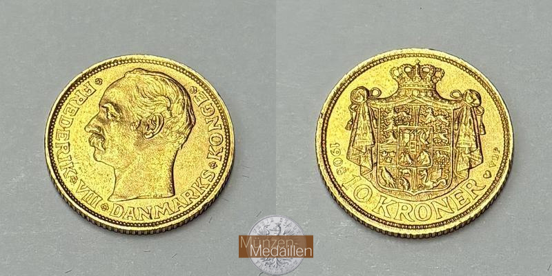 Dänemark, Frederik VIII. (1906-1912) MM-Frankfurt KM#809 Feingold: 4,03g 10 Kroner 1908 VBP 