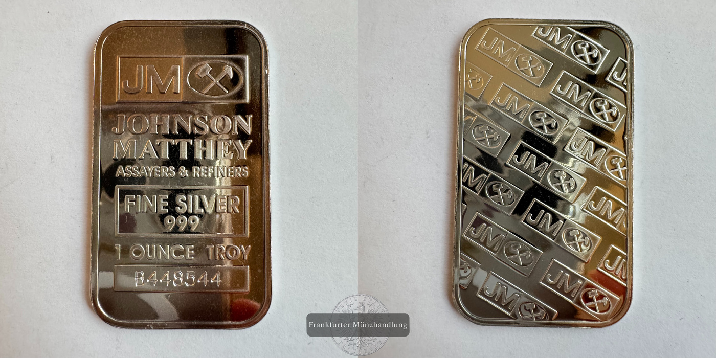  England / Johnson Matthey Silberbarren 1oz FM-Frankfurt Feinsilber: 31,1g   