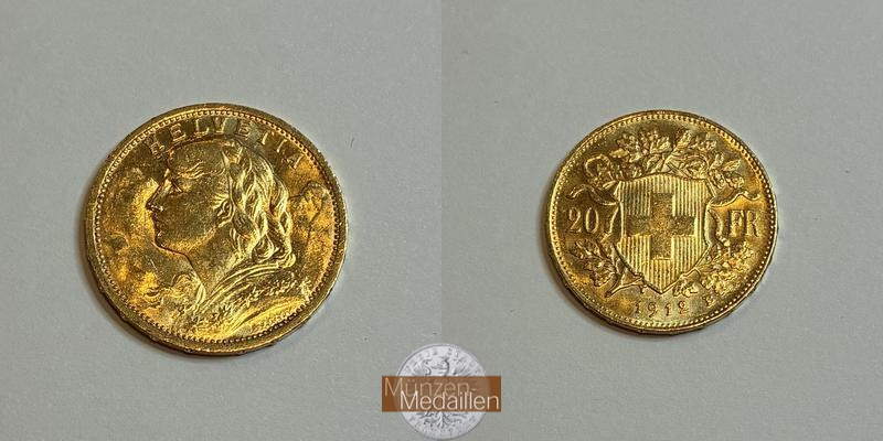 Schweiz MM-Frankfurt Feingold: 5,81g 20sFR (Vreneli) 1912 B 