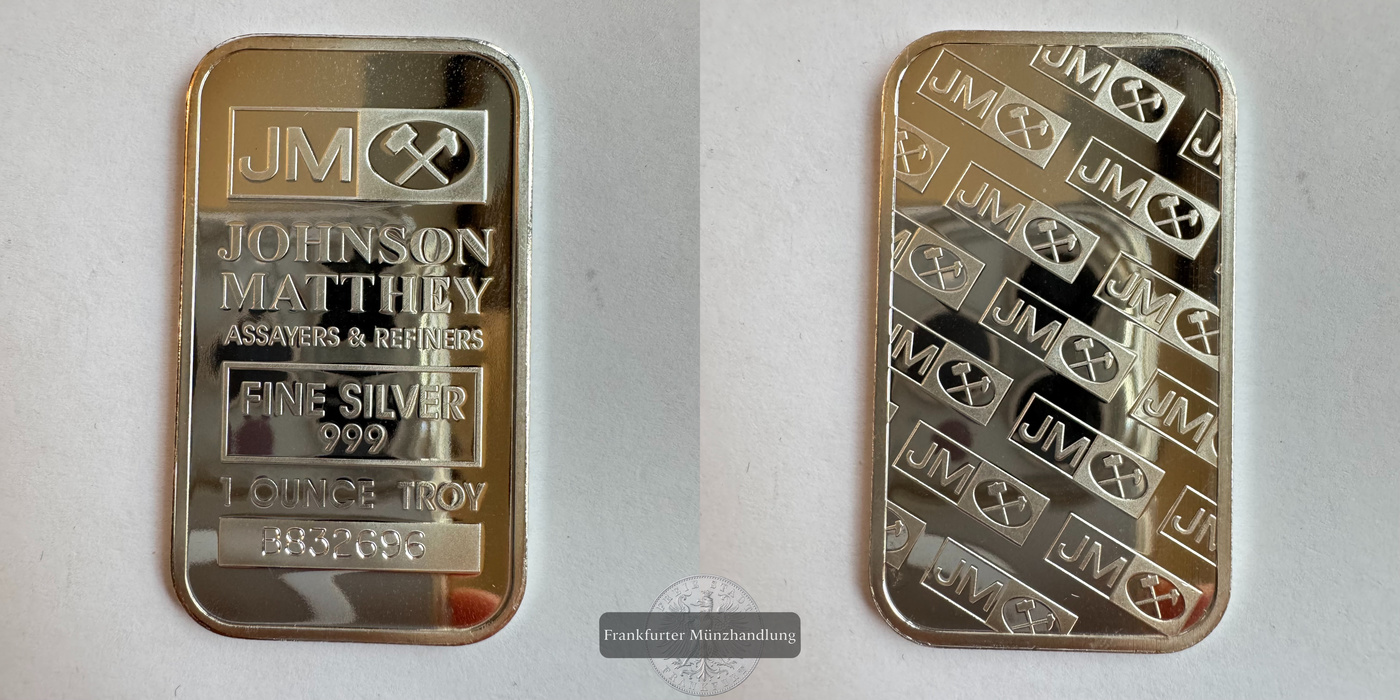  England / Johnson Matthey Silberbarren 1oz FM-Frankfurt Feinsilber: 31,1g   