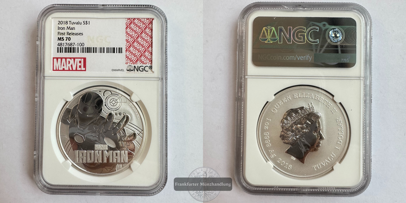  Tuvalu / 1 Dollar (Iron Man) 2018 MS 70 NGC Graded FM-Frankfurt KM#398 Feinsilber: 31,1g   