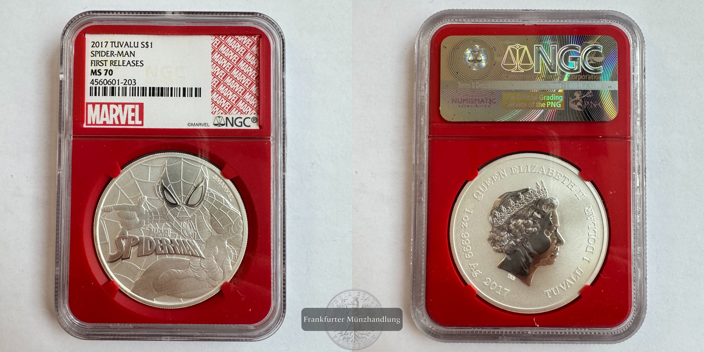  Tuvalu / 1 Dollar (Spider-man) 2017 MS 70 NGC Graded FM-Frankfurt KM#380 Feinsilber: 31,1g   