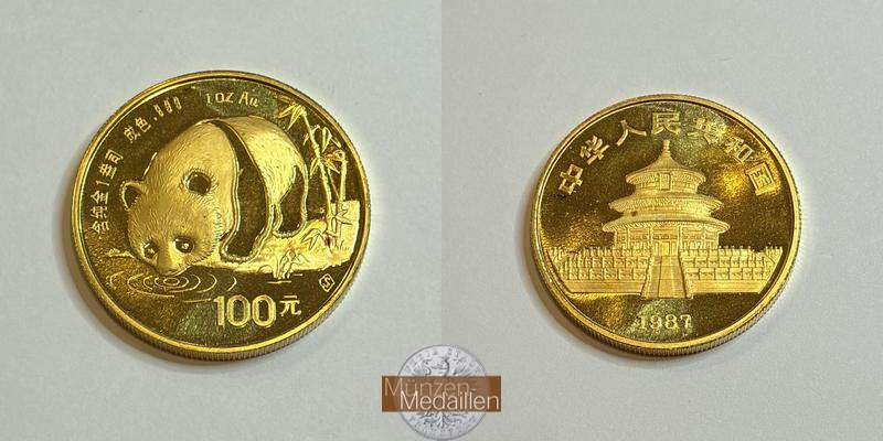 China, Volksrepublik. MM-Frankfurt Feingold: 31,1g - 1 Unze 100 Yuan Panda 1987 