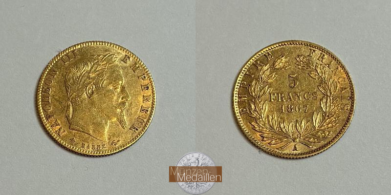 Frankreich MM-Frankfurt Feingewicht: 1,45g 5 Francs 1867 