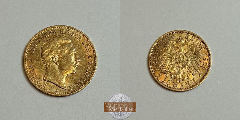 Deutsches Kaiserreich, Preussen MM-Frankfurt Feingewicht: 3,58g Gold Wilhelm II. 1888-1918. 10 Mark 1905 A 