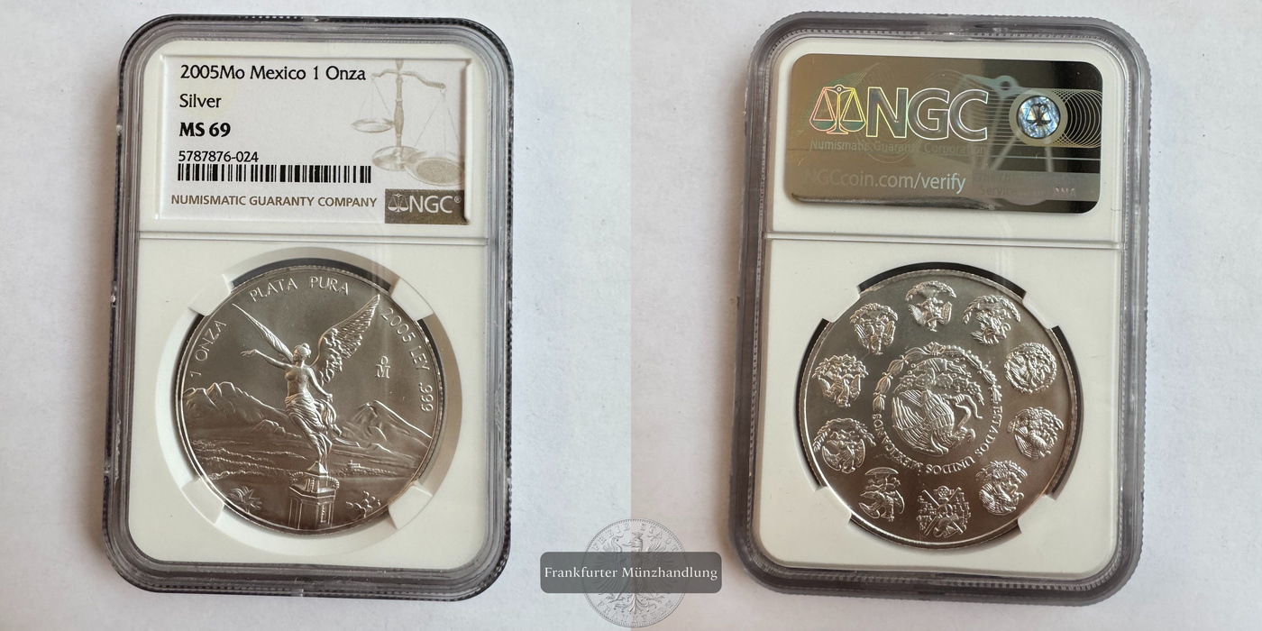  Mexico / 1 Onza Libertad Plata Pura 2005 MS 69 NGC Graded FM-Frankfurt KM#639 Feinsilber: 31,06   