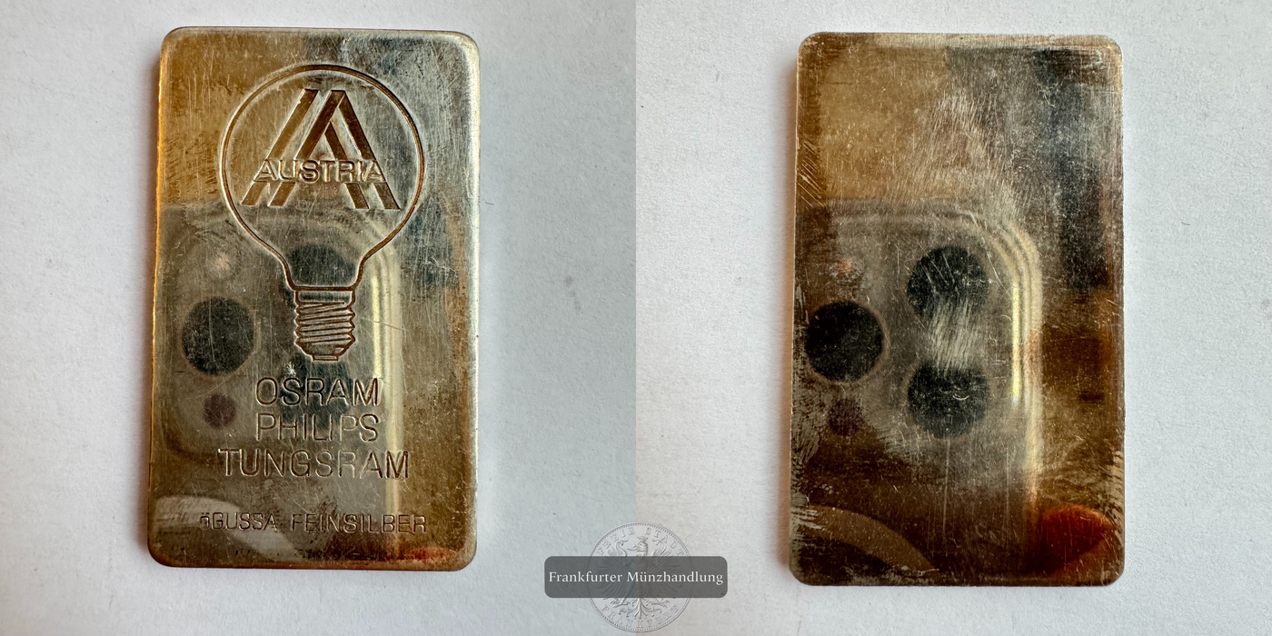  Österreich / Ögussa Silberbarren 50g Osram Phlips Tungsram FM-Frankfurt Feinsilber: 50g   