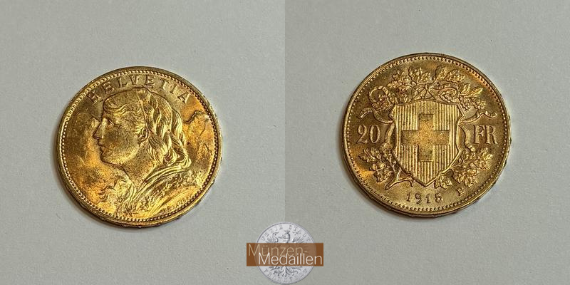 Schweiz  20sFR MM-Frankfurt Feingold: 5,81g Vreneli 1916 B 
