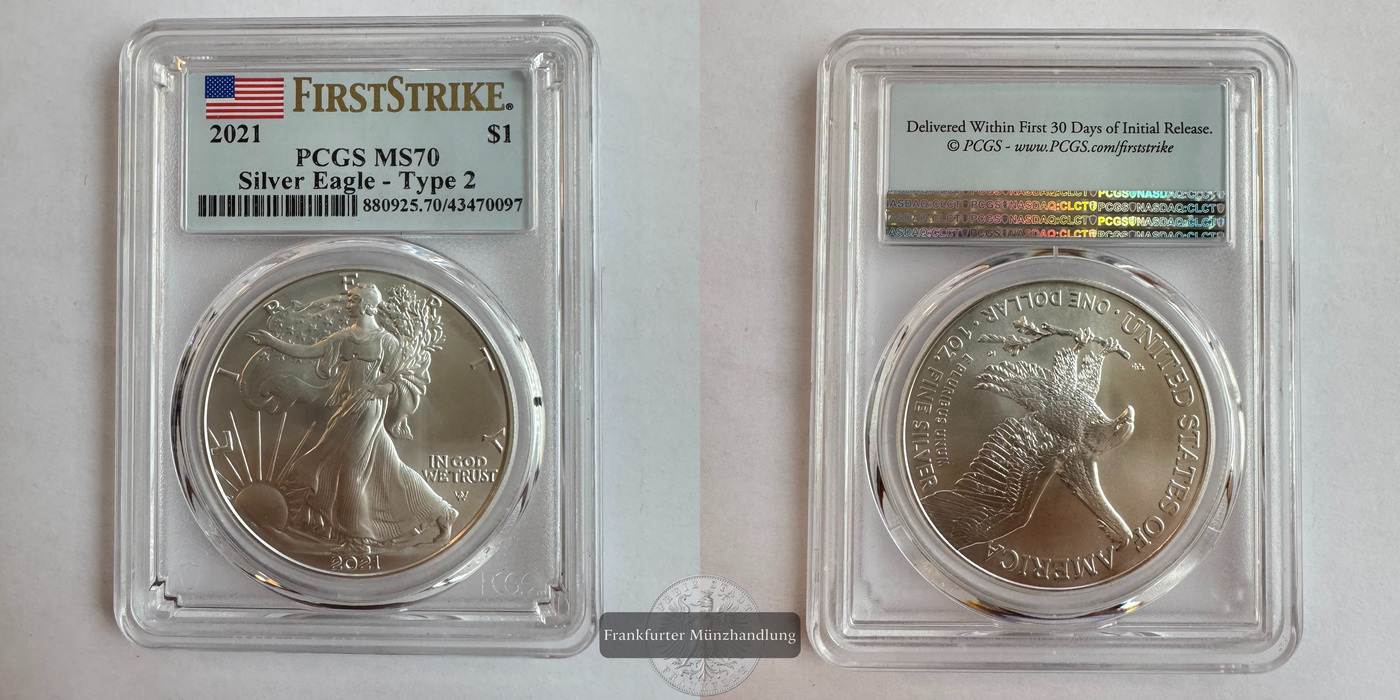  USA / 1 Dollar 2021 (2021-25) American Silver Eagle PCGS Graded FM-Frankfurt KM#746 Feinsilber:31,1g   