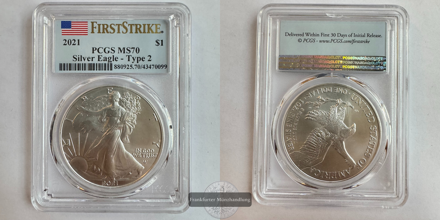  USA / 1 Dollar 2021 (2021-25) American Silver Eagle PCGS Graded FM-Frankfurt KM#746 Feinsilber:31,1g   