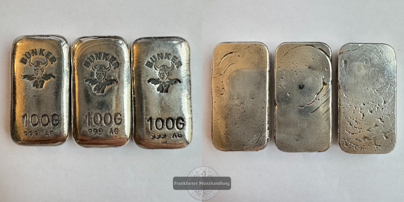  Deutschland / Bunker 47 3x 100g Silberbarren 'Patiniert' FM-Frankfurt Feinsilber: 305g   