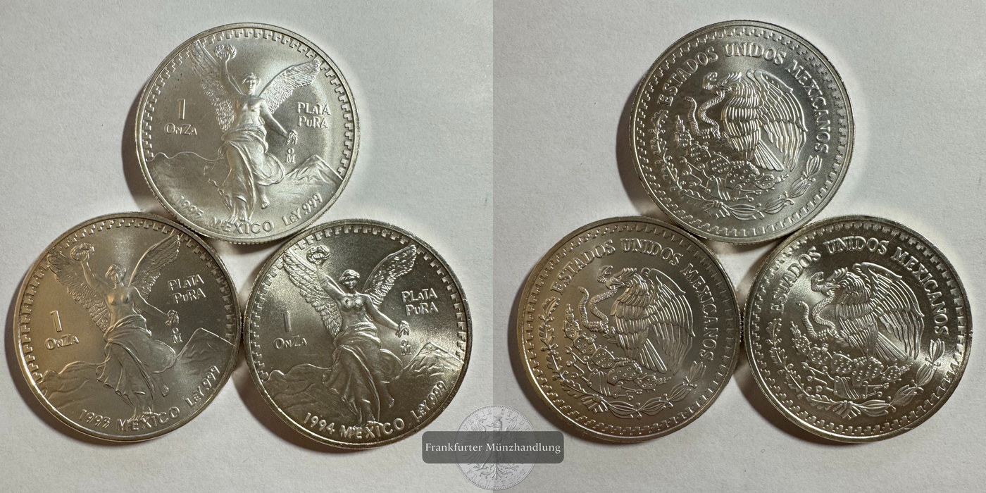  Mexico / 3x 1 Onza Libertad Plata Pura 1993-5 FM-Frankfurt KM#494.3 Feinsilber: 93,3g   