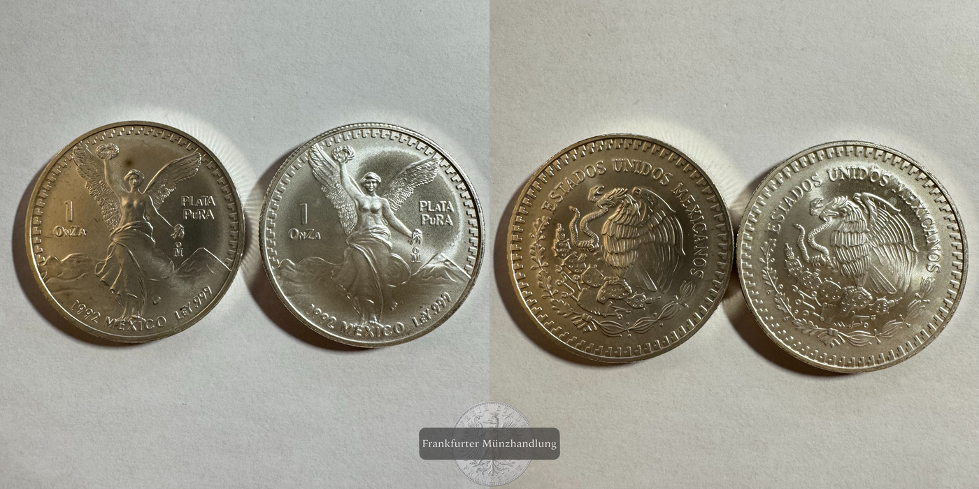  Mexico / 2x 1 Onza Libertad Plata Pura 1992 FM-Frankfurt KM#494.3 Feinsilber: 62,2g   