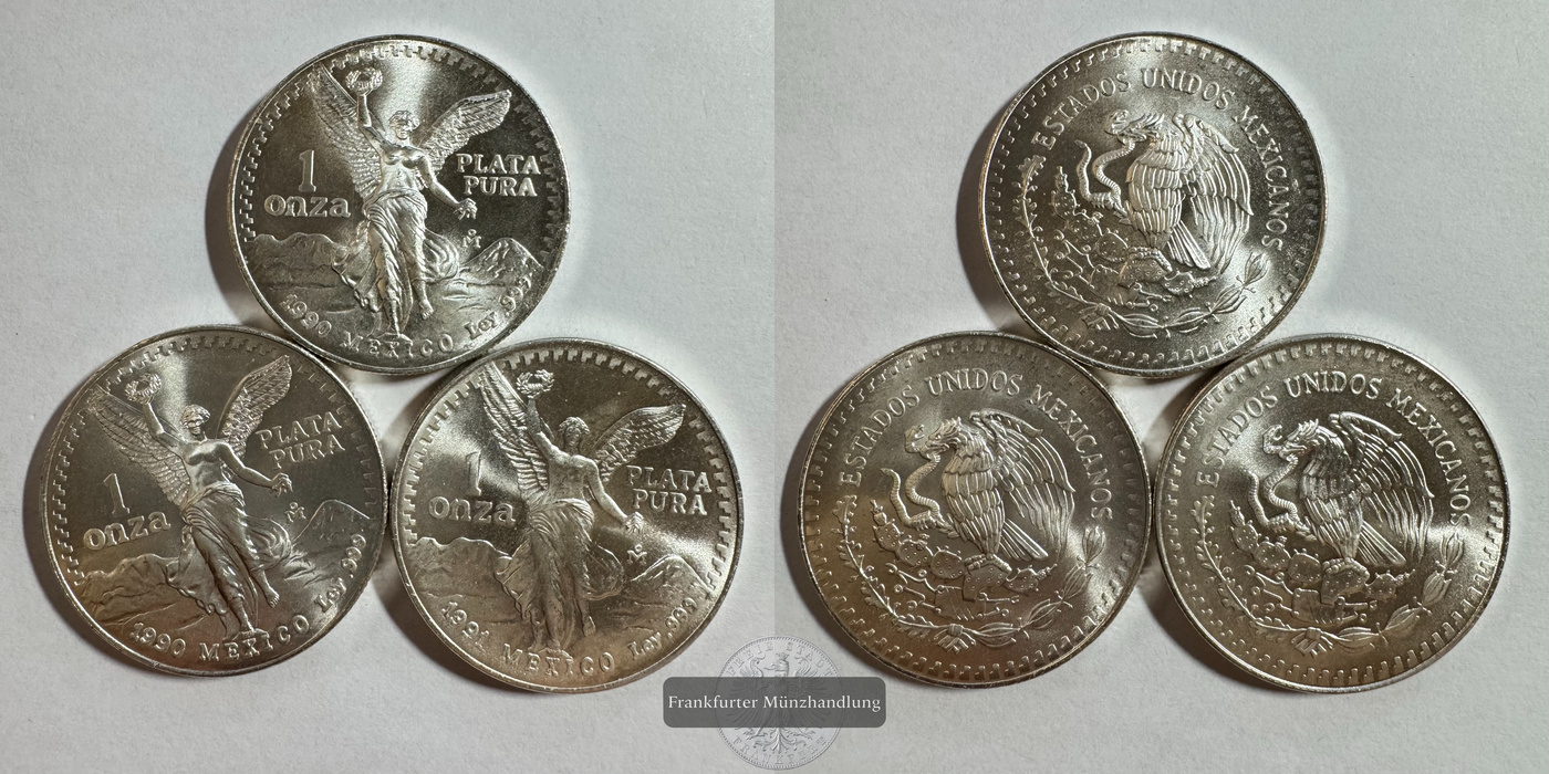  Mexico / 3x 1 Onza Libertad Plata Pura 1990-91 FM-Frankfurt KM#494 Feinsilber: 93,3g   