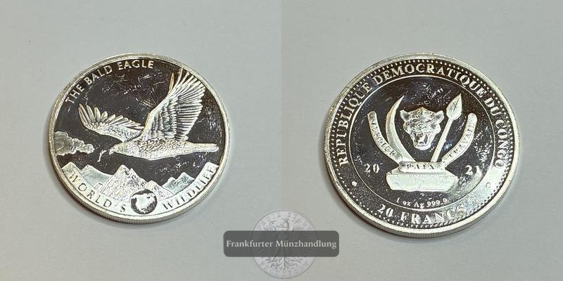  Rep. Kongo 500 Francs CFA (Weißkopfseeadler) 2021 FM-Frankfurt KM#263 Feinsilber: 31,1g   