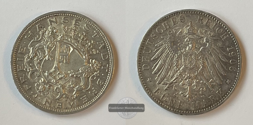  Deutschland Kaiserreich Hansestadt Hamburg 5 Mark 1906 FM-Frankfurt Feinsilber: 24,93g   