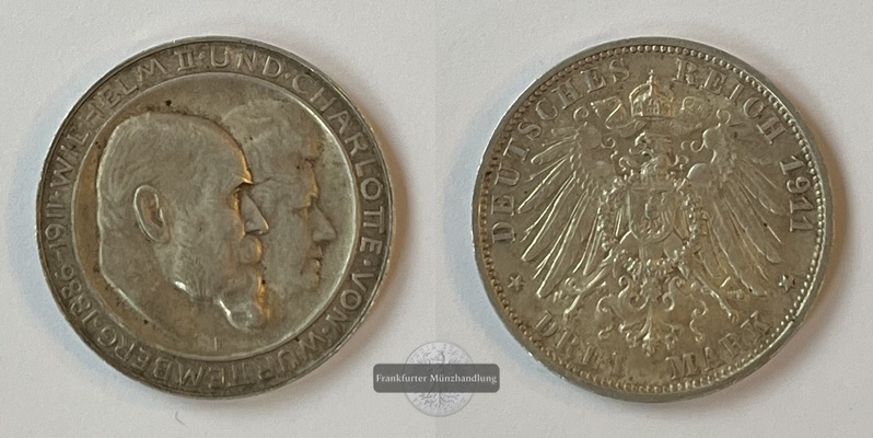  Dt. Kaiserreich Wilhelm II & Charlotte 3 Mark 1911 F Hochzeit KM#636  FM-Frankfurt Feinsilber: 15g   