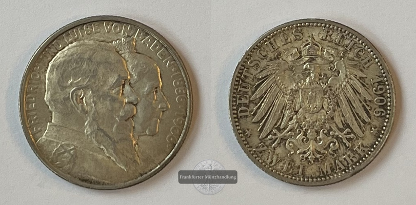  Deutsches Kaiserreich Baden 2 Marks 1906 Hochzeit  FM-Frankfurt KM#276 Feinsilber: 10g   