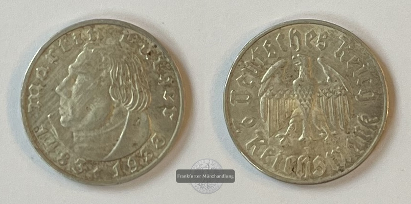  Deutschland Drittes Reich 2 Reichsmark 1933 J (Hamburg) Martin Luther  FM-Frankfurt  Feinsilber: 5g   