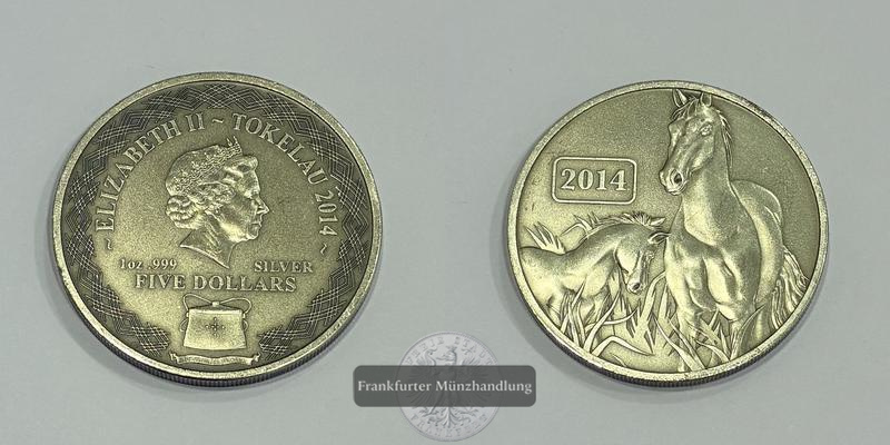  Tokelau 5 Dollars Elizabeth II (Jahr des Pferdes) 2014 FM-Frankfurt Feinsilber: 31,1g   