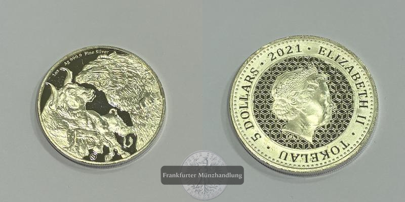 Tokelau 5 Dollar (Bulle und Bär) 2021 FM-Frankfurt Feinsilber: 31,1g   