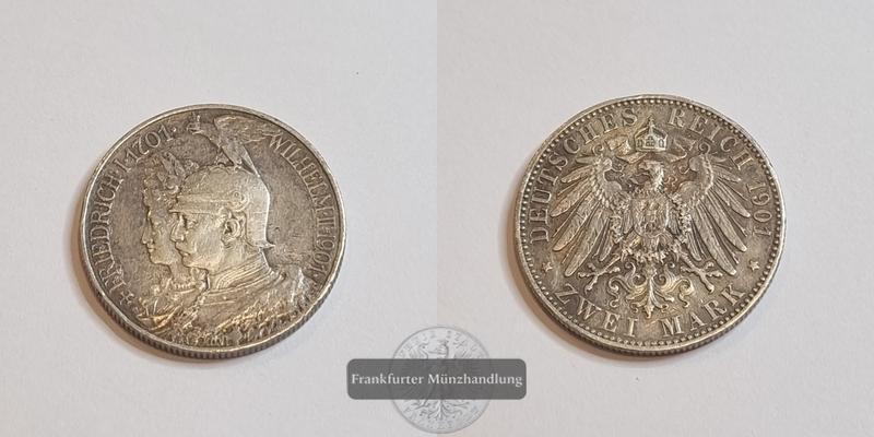  Deutschland Kaiserreich 2 Mark 1901 200 Jahre Preußen FM-Frankfurt KM#525 Feinsilber: 10g   