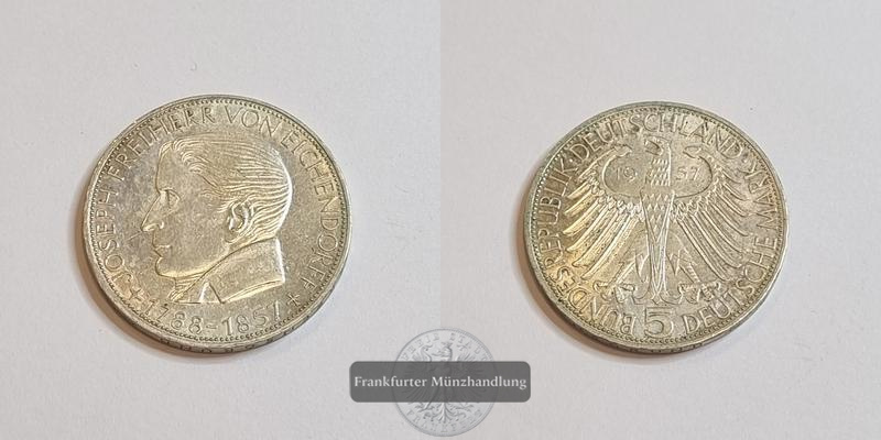  Deutschland 5 Mark, 1957 J Joseph Freiherr von Eichendorff   FM-Frankfurt KM#117 Feinsilber: 7g   