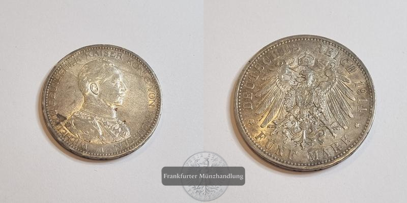  Deutsches Kaiserreich Preussen 5 Mark 1914 A  Wilhelm II. Uniform FM-Frankfurt Feinsilber: 25g   
