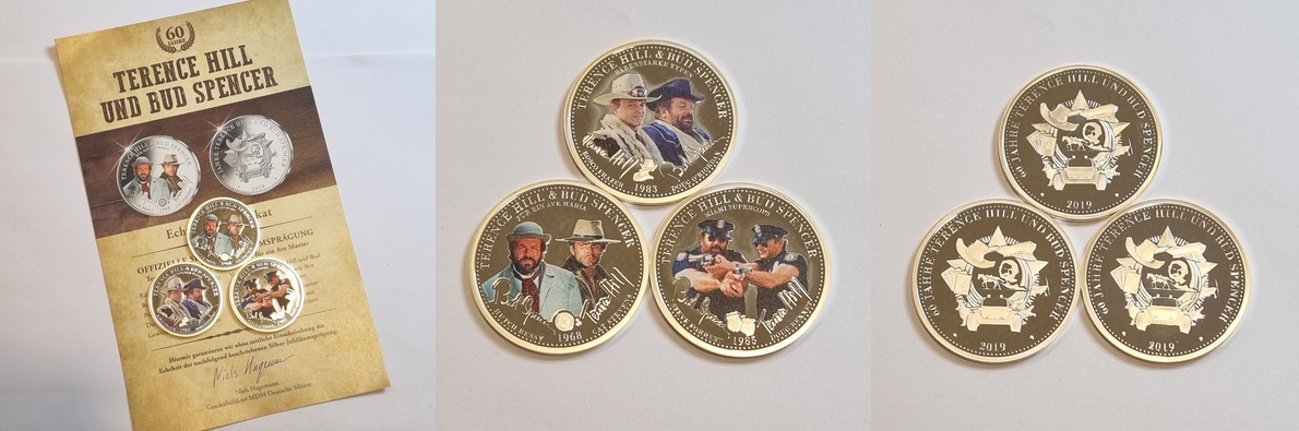  Deutschland 3x 60 Jahre Terence Hill & Bud Spencer Silber-Medaillen FM-Frankfurt Feinsilber: 14,65g   