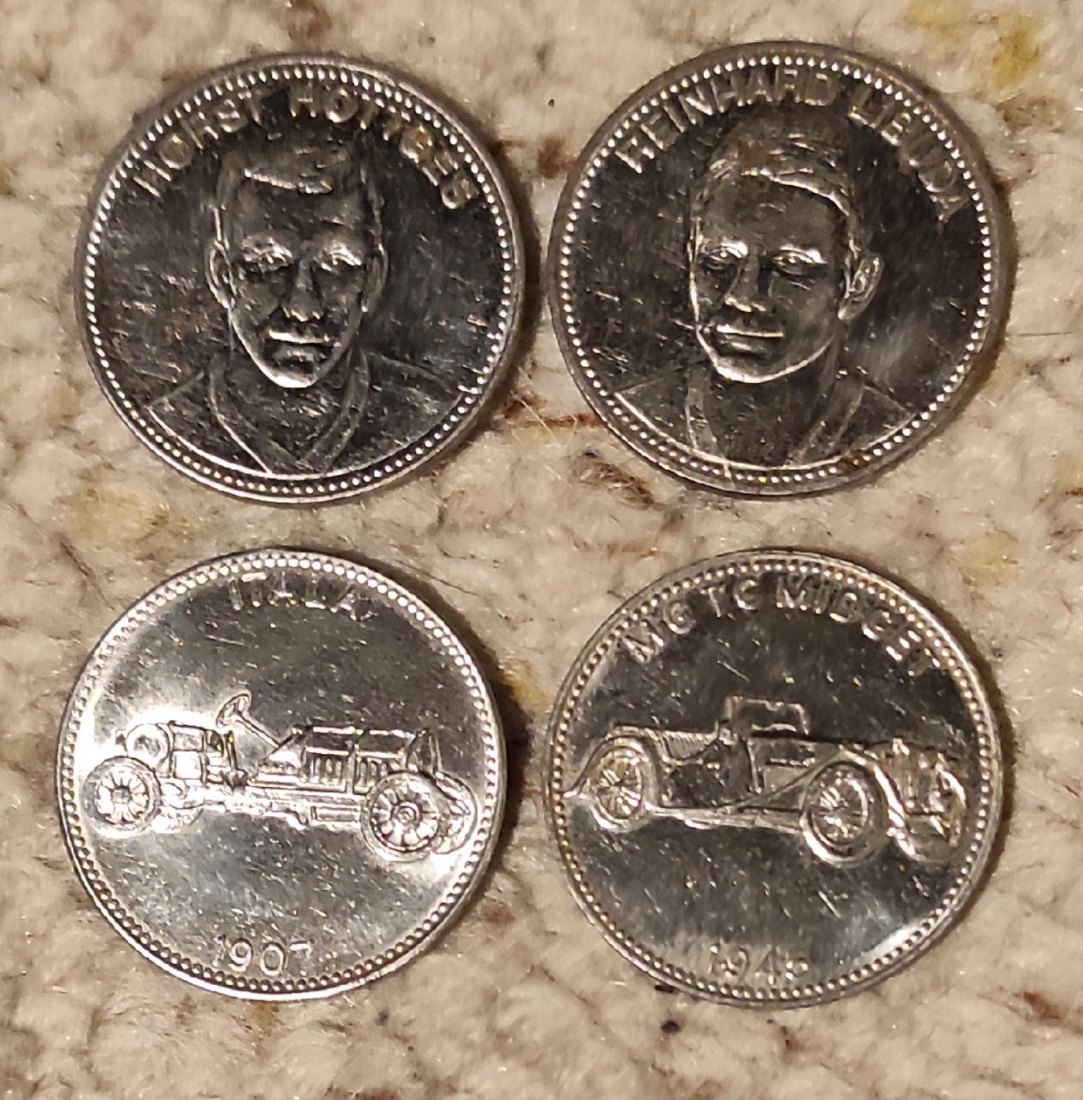  Restposten Sammler-Münzen Shell 2 x Mexico 1970 und 2 x Oldtimer   