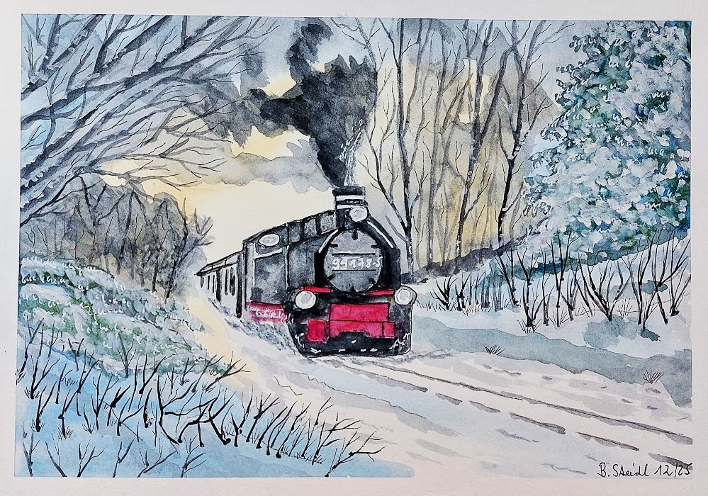  0045-AQUARELL / SCHMALSPURBAHN IM WINTERWALD / FORMAT A4 (21x29,7cm) / 12/2025   