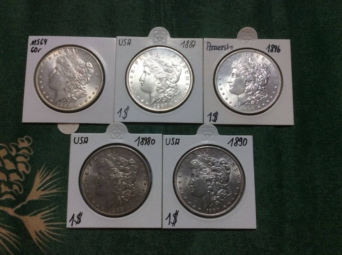  USA Lot Silber Morgan Dollar 1885, 1887, 1896, 1898o, 1890 in sehr guter Erhaltung   